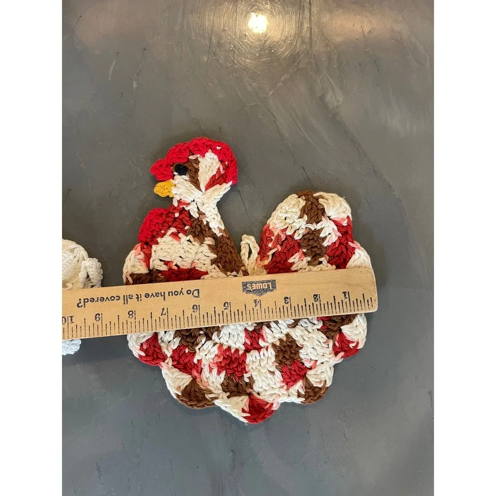VTG Handmade Crochet Chicken Doily Toaster Cover Rooster Potholder Set Farmhouse